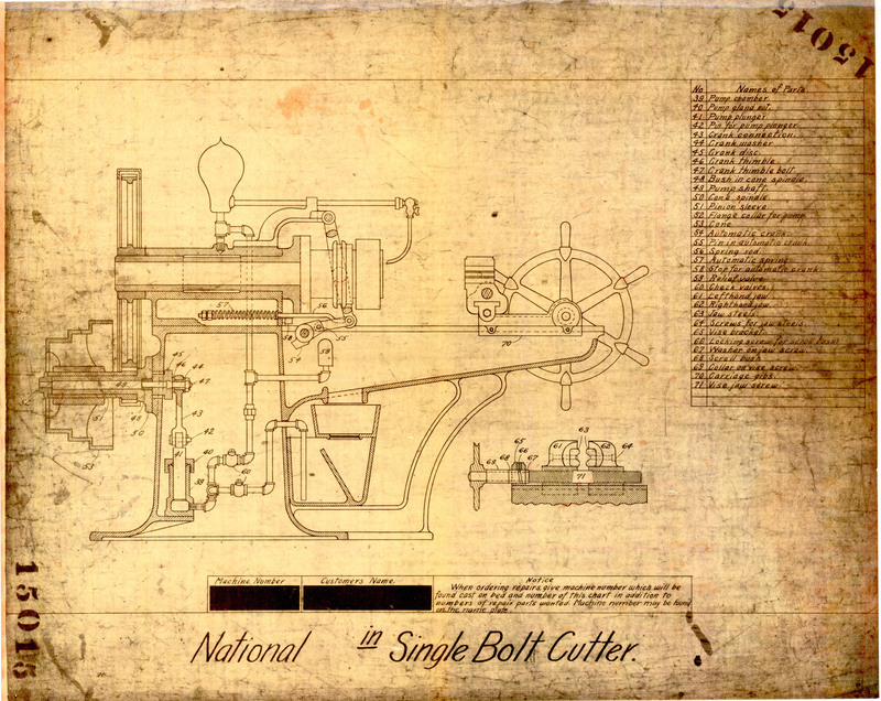 A cross-section diagram of the machine detailed in MG12_F24a_p004 with a continuation of the list of parts. Names of Parts Continued: 39.) Pump Chamber; 40.) Pump Gland Nut; 41.) Pump Plunger; 42.) Pin fo Pump Plunger; 43.) Crank Connection; 44.) Crank Washer; 45.) Crank Disc; 46.) Crank Thimble; 47.) Crank Thimble Bolt; 48.) Bush in Cane Spindle; 49.) Pump Shaft; 50.) Cane Spindle; 51.) Pinion Sleeve; 52.) Flange for Collar Pump; 53.) Cone; 54.) Automatic Crank; 55.) Pin in Automatic Crank; 56.) Spring Rod; 57.) Automatic Spring; 58.) Stop for Automatic Crank; 59.) Relief Valve; 60.) Check Valves; 61.) Lefthand Jaw; 62.) Righthand Jaw; 63.) Jaw Steels; 64.) Screws for Jaw Steels; 65.) Vise Bracket; 66.) Locking Screw for Scroll Bush. [bushing]; 67.) Washer on Jaw Screw; 68.) Scroll bush. [bushing]; 69.) Collar on Vise Screw; 70.) Carriage gibs.; 71.) Vise Jaw Screws;