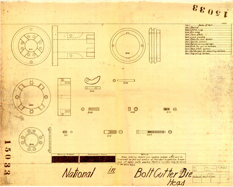 A schematic of parts for the die head assembly of the national [1 1/2] inch Single Bolt Cutter including a continuation of the list of parts. Names of Parts Continued: 201.) Barrel; 202.) Clutch Ring; 203.) Die Ring; 204.) Face Plate; 205.) Lock Levers; 206.) Pins for Lock Levers; 207.) Spline Screws; 208.) Spline Screw Springs; 209.) Nuts for Spline Screws; 210.) Face Plate Screws; 211.) Set Screws for Adjusting Screws; 212.) Adjusting Screws.