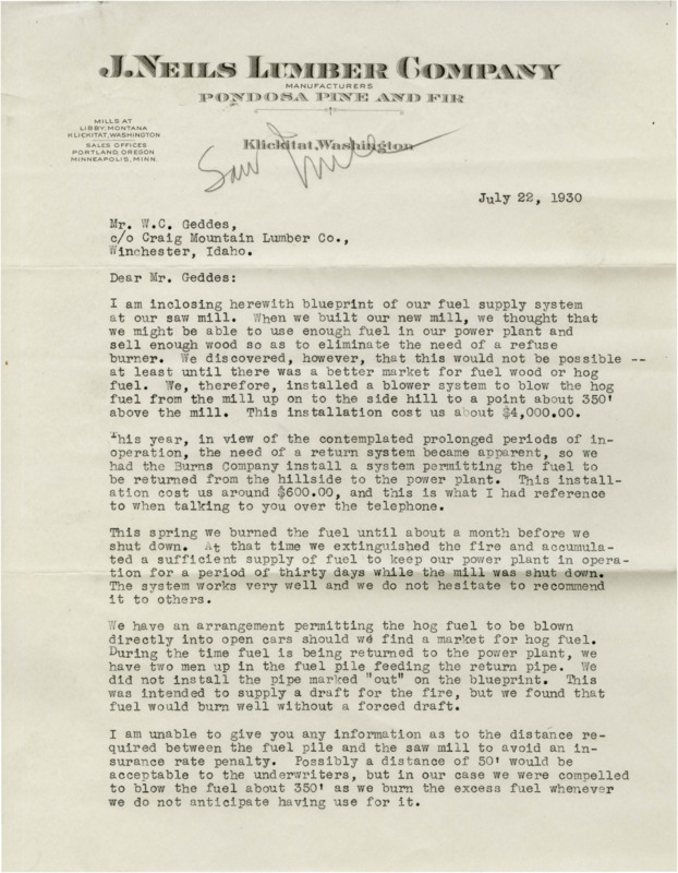 Letter to W.C. Geddes of the Craig Mountain Company from Gerhard F. Neils of the J. Neils Lumber Company regarding a blueprint of a fuel supply system for sawmills.