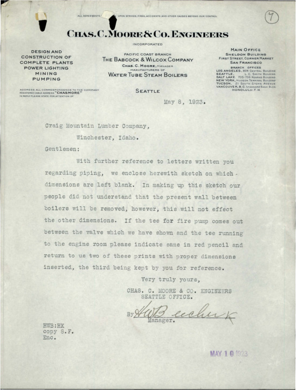 Correspondence from Chas. C. Moore & Co. Engineers to Craig Mountain Lumber Company following up on a sketch.