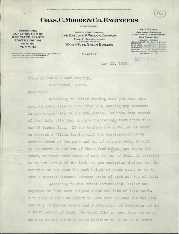 Correspondence between Chas. C. Moore & Engineers and Craig Mountain Lumber Company regarding boiler drawing comments in connection with an installation. A Western Union Telegram is also attached.