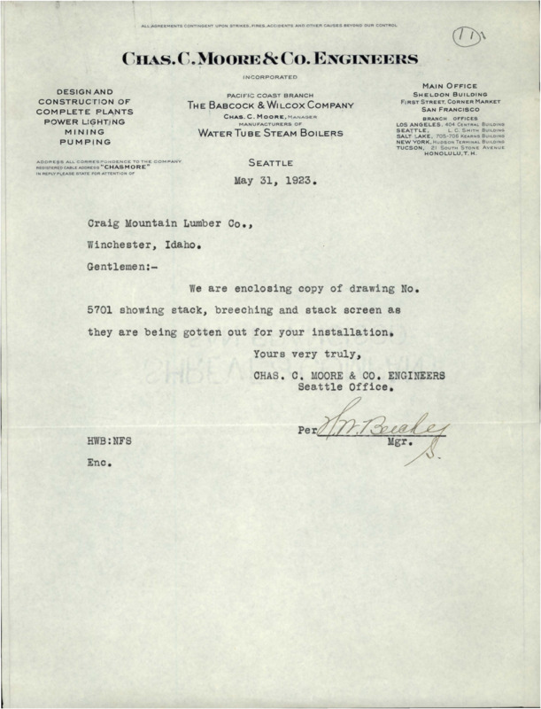 Letter from Chas. C. Moore & Co. Engineers to Craig Mountain Lumber Co. regarding a copy of drawing No. 5701 "showing stack, breeching and stack screen."