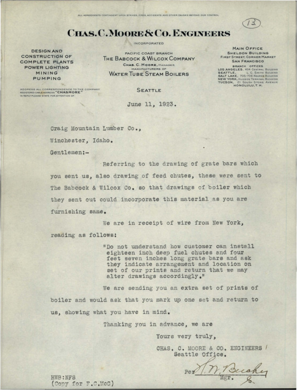 Correspondence between Chas. C. Moore & Co. Engineers and Craig Mountain Lumber Company and telegrams to F.E. McGuire of Craig Mountain Lumber Co.