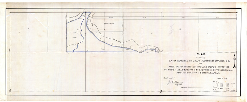 Map showing land required by Craig Mountain Lumber Co. for mill pond right-of-way and depot grounds through allotment's 1,2,3,4,5,6,7, and 8 S5, T35, N.r2W.B.M. and allotment 1 S6,T35 N.R2W.B.M.