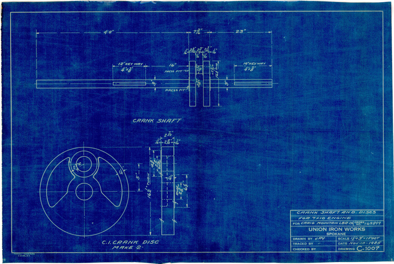 Crank shaft and discs for 7x10 engine blueprint for Craig Mountain Lumber Company.