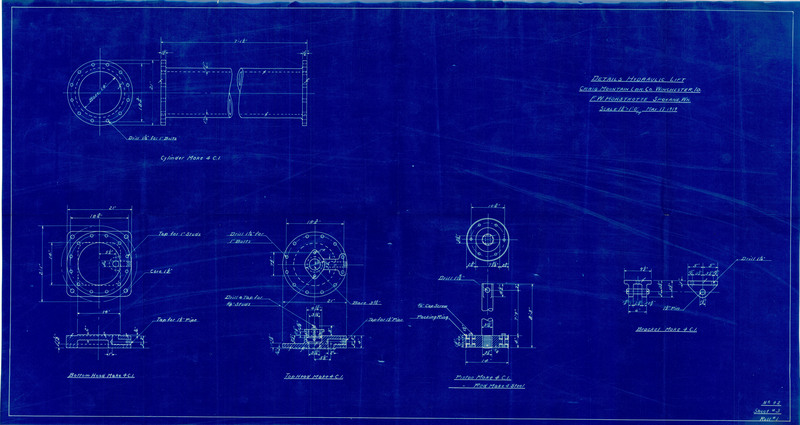 Blueprint of details of Hydraulic Lift for the Craig Mountain Lumber Co. Winchester, Idaho. 