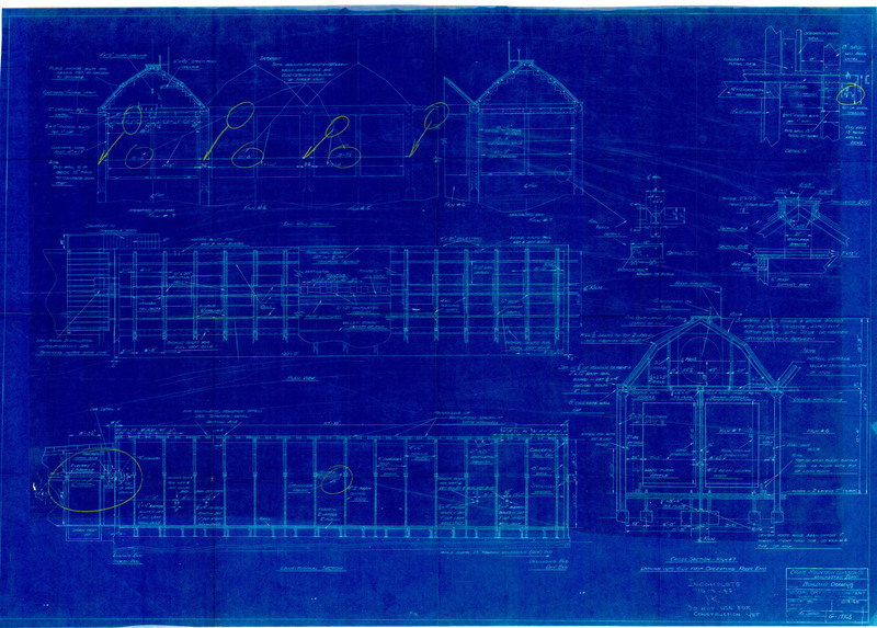 Building drawing of the cross section for kiln #7, looking into kiln from operating room end. Drawing for the Craig Mountain Lumber Co. Winchester, Idaho. Marked as incomplete, not for construction.