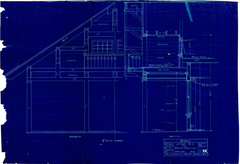 Blueprint of details of Cottage No. 3. for Bank of Spirit Lake by R.C. Sweatt.