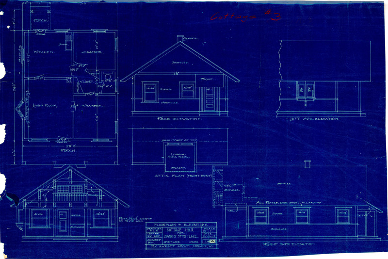 Floor plans and elevations blueprint for Cottage no. 3 for Bank of Spirit Lake, Spirit Lake, Idaho.