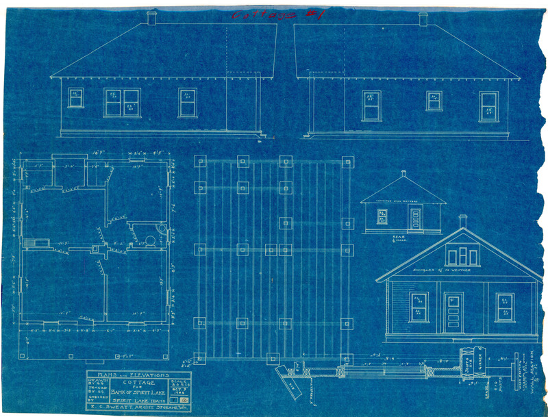 Plans and elevations blueprint for the Cottage for Bank of Spirit Lake, Spirit Lake, Idaho.