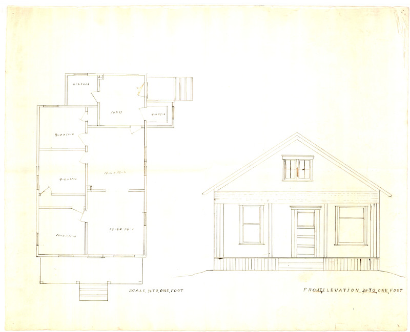 Front elevation and floor plan for Cottage for Bank of Spirit Lake.