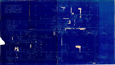 Saw mill machinery floor plan for Craig Mountain Lumber Company, Winchester, Idaho. Parts of the blueprint are revised with white-out.