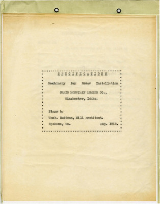 Specifications: machinery for resaw installation plans, Craig Mountain Lumber Company by Wash. Huffman.