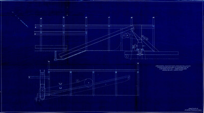 Machinery elevations and hog installation for the Craig Mountain Lumber Company, Winchester, Idaho. This mechanism is the ramp which guides log extraction from the storage pond. A log is aligned with the ramp and is pulled upwards toward rolling platform and sawyers carriage via a conveyor chain or belt.