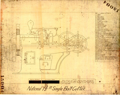 National 1 1/2 inch single bolt cutter diagram with names of the parts: 1.) Bed; 2.) Door; 3.) Doorknob; 4.) Door hasp; 5.) Door Hinge; 6.) Oil Pan; 7.) Latch for Oil Pan; 8.)Chip Pan; 9.) Headstock; 10.) Headstock Cap; 11.) Head Spindle; 12.) Main Gear; 13.) Main Gear Guard; 14.) Nipple for Headstock Cap; 15.)Air Chamber; 16.)Swivel Cock; 17.) Swing Ring Bracket; 18.) Pin in Upper End of Swingring; 19.) Swingring; 20.) Cap Screws in Swingring; 21.) Finger pieces; 22.) Automatic Bracket; 23.) Automatic Shafts; 24.)Automatic Hand Lever; 25.) Handle for Automatic Hand Lever; 26.) Swivel Blocks Complete; 27.) Pin in bottom of Swing; 28.) Automatic Link; 29.)Tripping blocks: Complete; 30.) Tripping Rod; 31.)Shoulder Screw in Carriage for Tripping Rod; 32.) Carriage; 33.) Racks; 34.) Rack Pinions; 35.) Rack Shaft; 36.) Large Star Wheel on Rack Shaft; 37.) Small Star Wheel on Vise Screw; 38.) Star Wheel on Vise Screw.