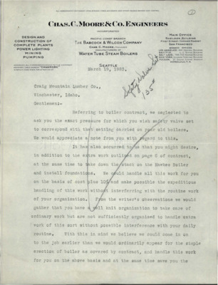 Two letters between Craig Mountain Lumber Co. and Chas. C. Moore & Co. Engineers regarding a question about the boiler contract and a proposition from Chas. C. Moore & Co. Engineers.