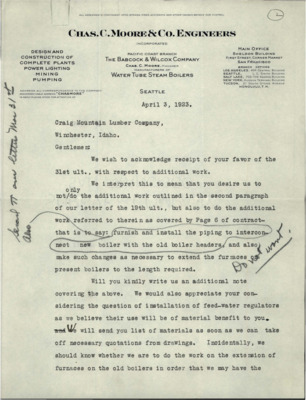 Correspondence between Craig Mountain Lumber Co. and Chas. C. Moore & Co. Engineers regarding the boiler contract and additional work. There are a few pages of handwritten notes.