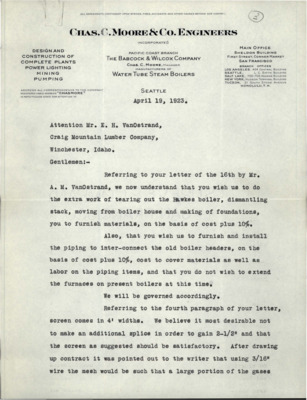 Correspondence between Craig Mountain Lumber Co. and Chas. C. Mooer & Co. Engineers regarding extra work to be done on the boilers for Craig Mountain Lumber Co.