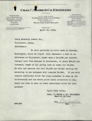Correspondence between Craig Mountain Lumber Co. and Chas. C. Moore & Co. Engineers regarding a quote for an order on brick made at Palouse, Washington.