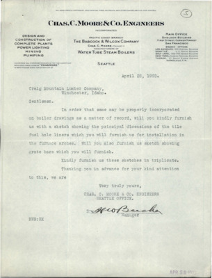 Correspondence between Craig Mountain Lumber Co. and Chas. C. Moore & Co. Engineers regarding a sketch showing the principal dimensions of the tile fuel hole liners.