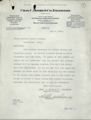 Correspondence from Chas. C. Moore & Co. Engineers to Craig Mountain Lumber Company following up on a sketch.