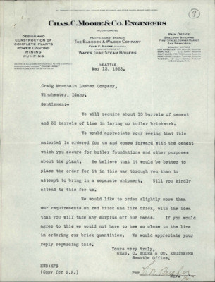 Correspondence between Chas. C. Moore & Co. Engineers and Craig Mountain Lumber Company regarding an order of cement and lime to lay up boiler brickwork.