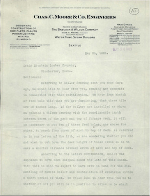 Correspondence between Chas. C. Moore & Engineers and Craig Mountain Lumber Company regarding boiler drawing comments in connection with an installation. A Western Union Telegram is also attached.