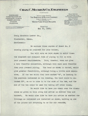 Correspondence from Chas. C. Moore & Co. Engineers and Craig Mountain Lumber Co. with a list of materials and Uniform Straight Bill of Lading.