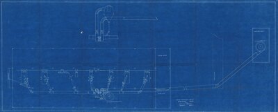 Craig Mountain Lumber Co. Winchester, Idaho per Hayes and Company. This blueprint details a ventilation system designed to remove shavings and sawdust from the machine bays and pipe the excess debris to a shaving vault at least 300 feet away. The off-site location of the shaving vault was an insurance requirement with the intent of fire prevention. Due to this, a conveyor from the shaving vault was built to transport the shavings for use as  fuel to the furnaces and boilers of the mill. This image also depicts the configuration of mill machinery on the floor.
