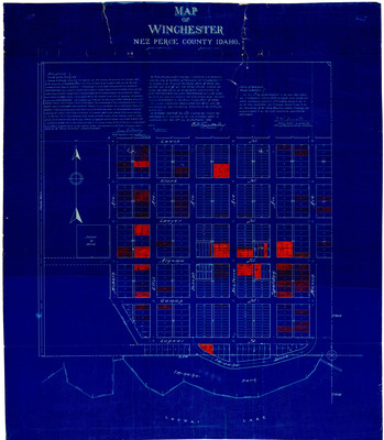 Map of Winchester in Nez Perce County, Idaho. Attached is a notarized affidavit assuring the accuracy of the surveyor and cartography.