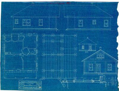Plans and elevations blueprint for the Cottage for Bank of Spirit Lake, Spirit Lake, Idaho.