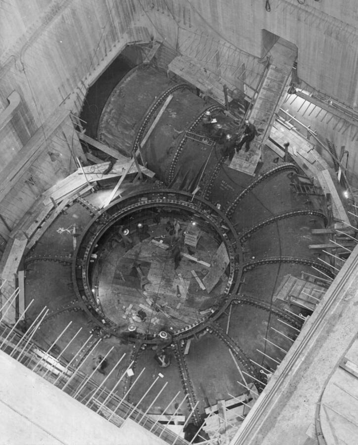 View of pit 6 showing scroll case in place. Photo taken from crane