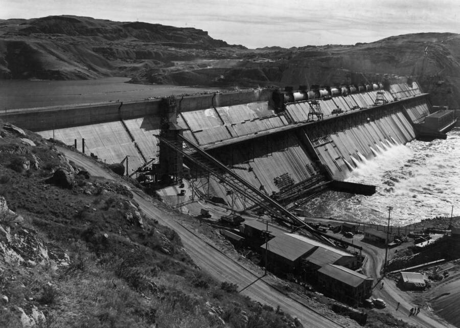 View of the spillway section of Grand Coulee taken from the right bank.