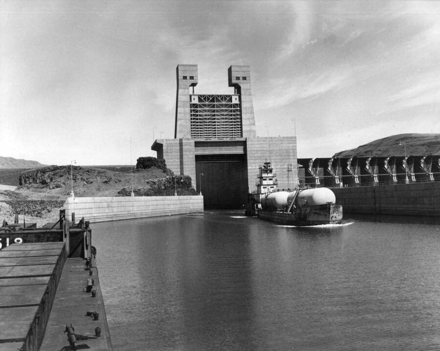 With diversion of the Columbia River through the North Shore spillway bays at the U.S Army Corps of Engineers' John Day Lock and Dam, barges and tows are now utilizing the temporary channel and permanent lock of the huge multipurpose project.