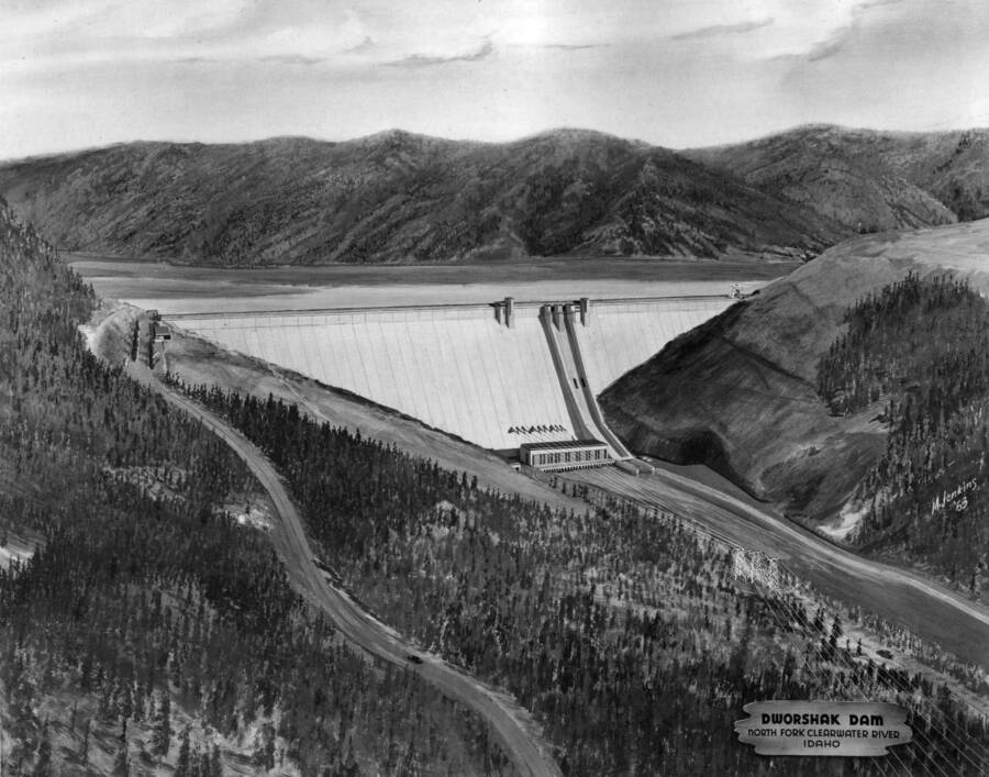 Artist's conception of the $210,000 Dworshak Dam two miles upstream on the North Fork of the Clearwater river from the town of Ahsahka, Idaho.  Dworshak Dam will be a concrete gravity dam with an initial power production potentially of 400,000 kilowatts from three generators. Three additional generators can be added later to boost the power output to 1,060,000 kilowatts. Dworshak dam will create a reservoir storing 3,454,000 acre-feet of water and will add substantially to the prime power production of hydroelectric plants downstream on the Snake and Columbia Rivers. Also, it will serve a vital role in flood control on the Clearwater, which has wide fluctuations in flow during the year. The Dworshak reservoir will be approximately 53 miles long. Congress appropriated $600,000 in planning funds in 1961 and in 1962 Congress appropriated $2,000,000 in construction funds. Start of construction began April, 1963, with building of access roads to the project.