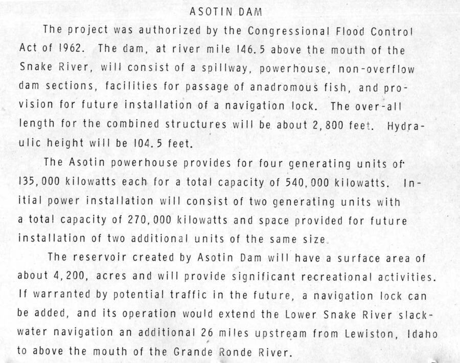 Description of proposed Asotin Dam, for artists rendition, please see photo 94-0 40