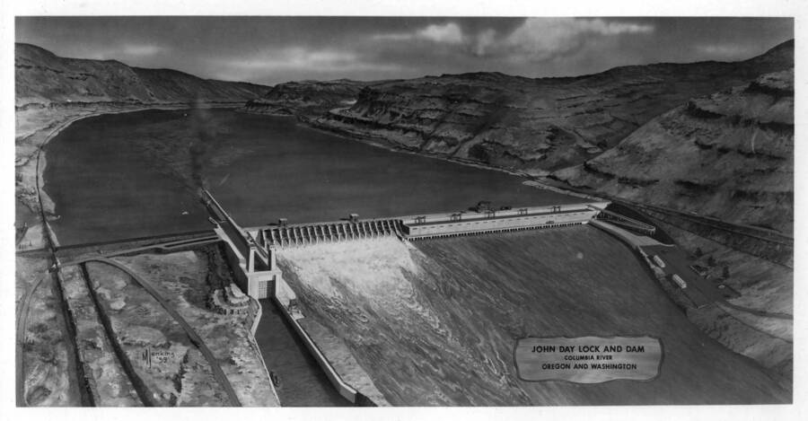 Rendition of proposed John Day Lock and Dam. See photo 94-0 16 for description.