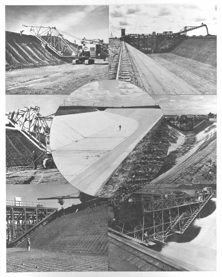 Columbia Basin Project, Irrigation Division. This is a montage showing various stages in the construction of the West and East low canals. From the upper left proceeding clockwise: sloping; tamping; paving, West Canal; spraying, paving, East Low Canal; trimming, West Canal.