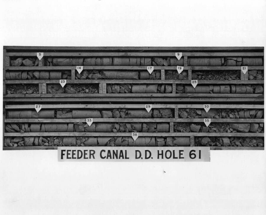 Feeder Canal, Sta. 65+27, 50' rt. Of canal centerline. Photograph of core boxes Nos. 1 and 2 of Feder Canal diamond drill hole No. 61