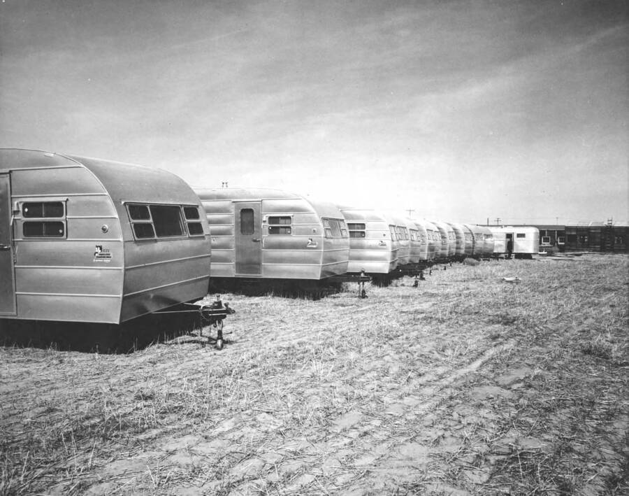 Columbia Basin Project, Irrigation Division, Specifications 2844. View of eleven Kit trailers 33'-0 and one old house trailer located at the government housing area awaiting setting up in locations for the temporary housing of government employees.