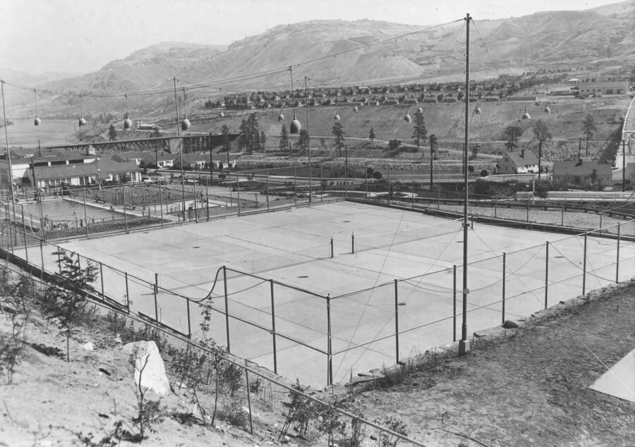 Image of tennis courts taken in 1938 at the employee housing site for Coulee Dam
