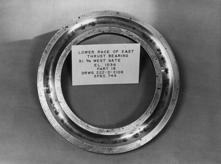 The lower race of the east thrust bearing of the 51 upstream west outlet tube ring-seal gate at elevation 1036. It is part 19, drawing 222-D-2106, Specifications 744