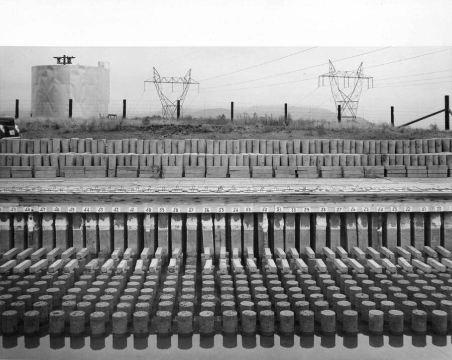 View of concrete specimens being tested for resistance to sulfate waters in ponds at elevation 1930 southwest of the 230-Kv switchyard at Coulee Dam. View shows cylinders, bars, and posts from test batches 48-72 setting in original alkali pond prior to being permanently transferred to a second pond because of leakage. Depth of water in picture is about 3 inches. Marks showing normal 3-foot depth can be seen on the posts below the numbers. White areas on posts are alkali deposits. Behind platform are fresh water specimens from the second pond stored on the ground during the interchange of specimens.