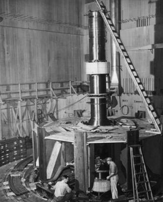 One step in the assembly of rotor of Shasta generators to be used in west power house