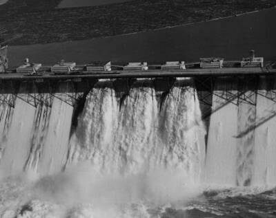 Aerial view of construction of Grand Coulee Dam