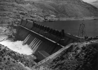 View overlooking Coulee Dam--a new transmission tower rises.