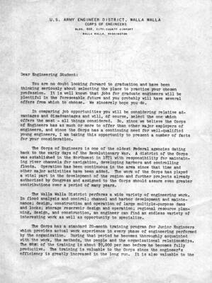 An open letter advocating jobs with the Corps of Engineers to new engineering graduates
