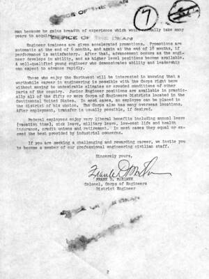 An open letter advocating jobs with the Corps of Engineers to new engineering graduates. Second page.
