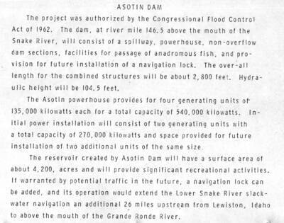 Description of proposed Asotin Dam, for artists rendition, please see photo 94-0 40