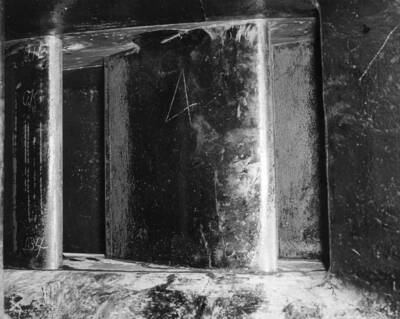 Painted surface of wicket gate--Turbine L-2. This view is representative of the painted surface on the outer face of the wicket gates and shows the alligatoring of the paint along the trailing edge.